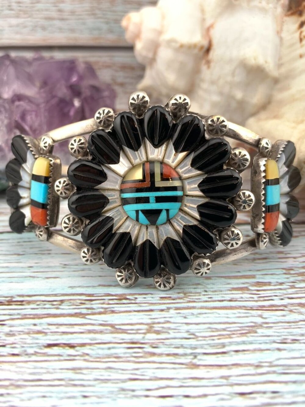 Zuni Sunface Sun Face Gemstone Inlay Cuff Bracelet Southwest Native American